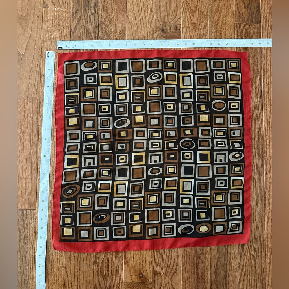 Vtg Italian Square Scarf with Multi-colored Geometric and Red Edging - Picture 12 of 14
